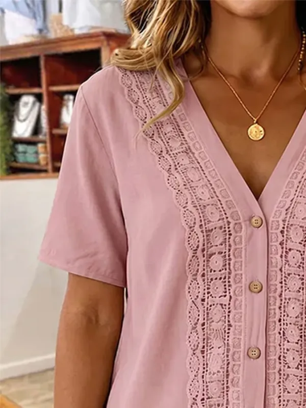 Women'S Casual V-Neck Lace-Trimmed Short-Sleeved Shirt