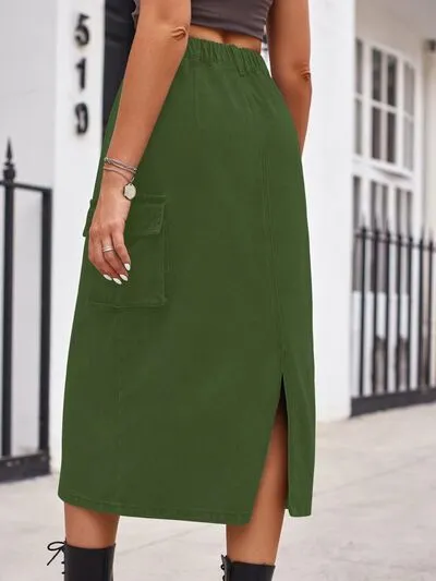 Relaxed Slit Buttoned Denim Pockets Skirt