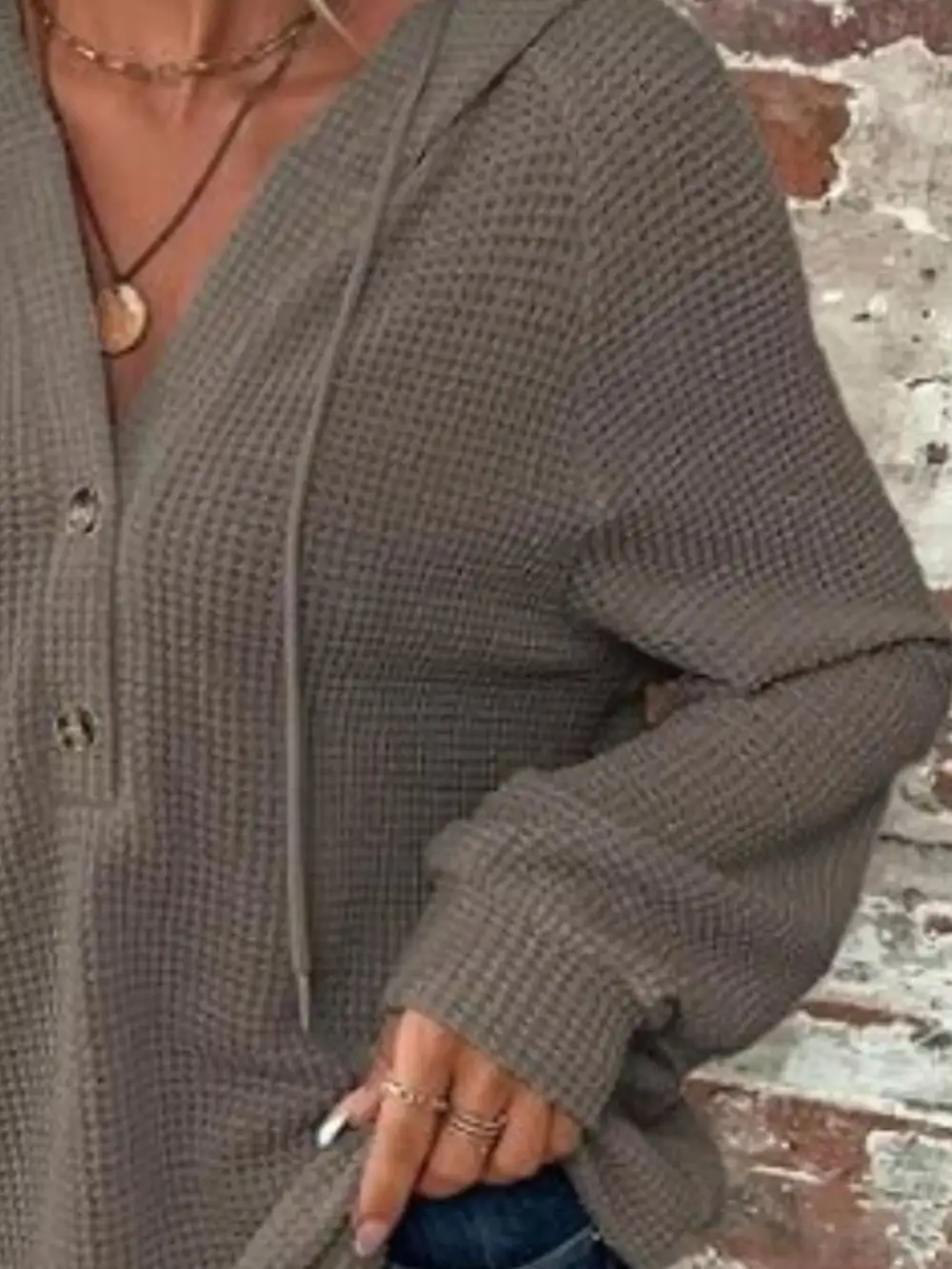Drawstring Buttoned Pocketed Waffle-Textured Hoodie