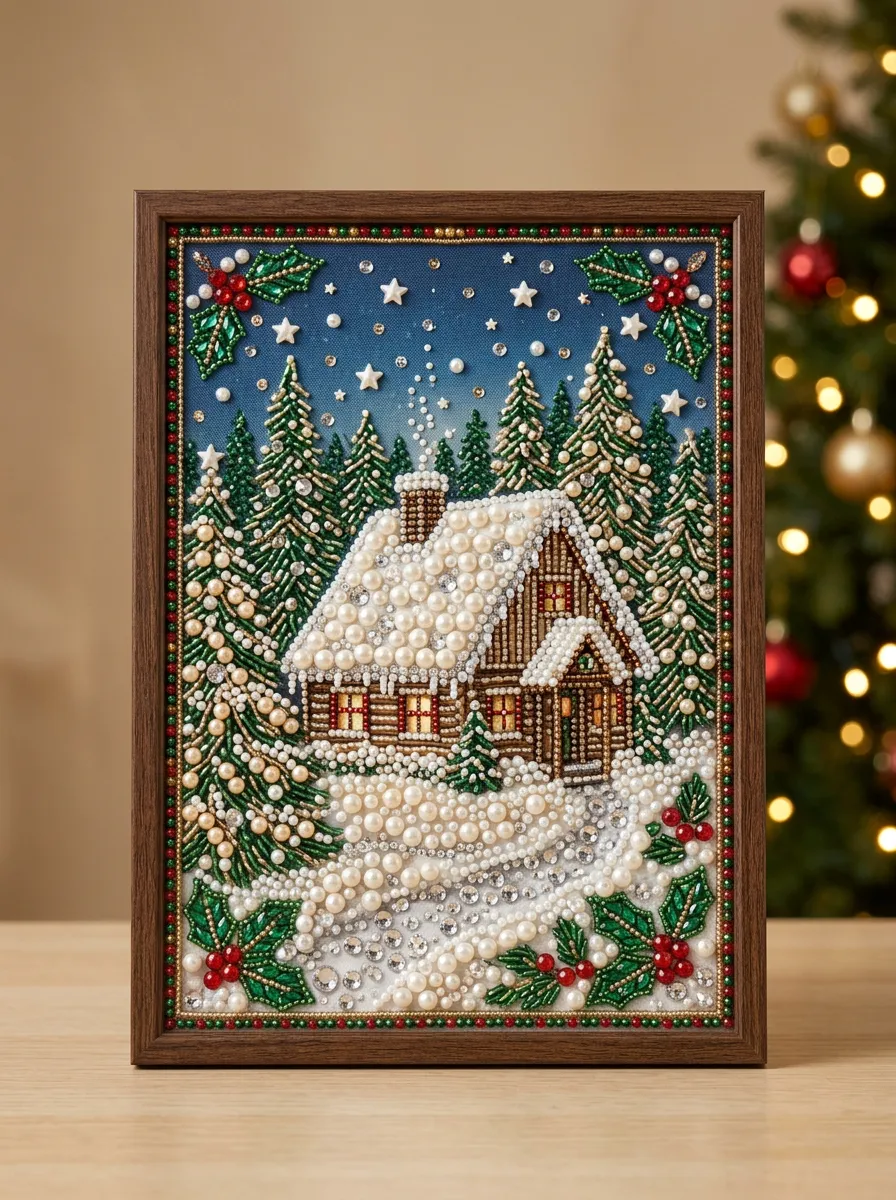 Christmas Winter Cabin Snowy Forest Pearl Bead Art Painting