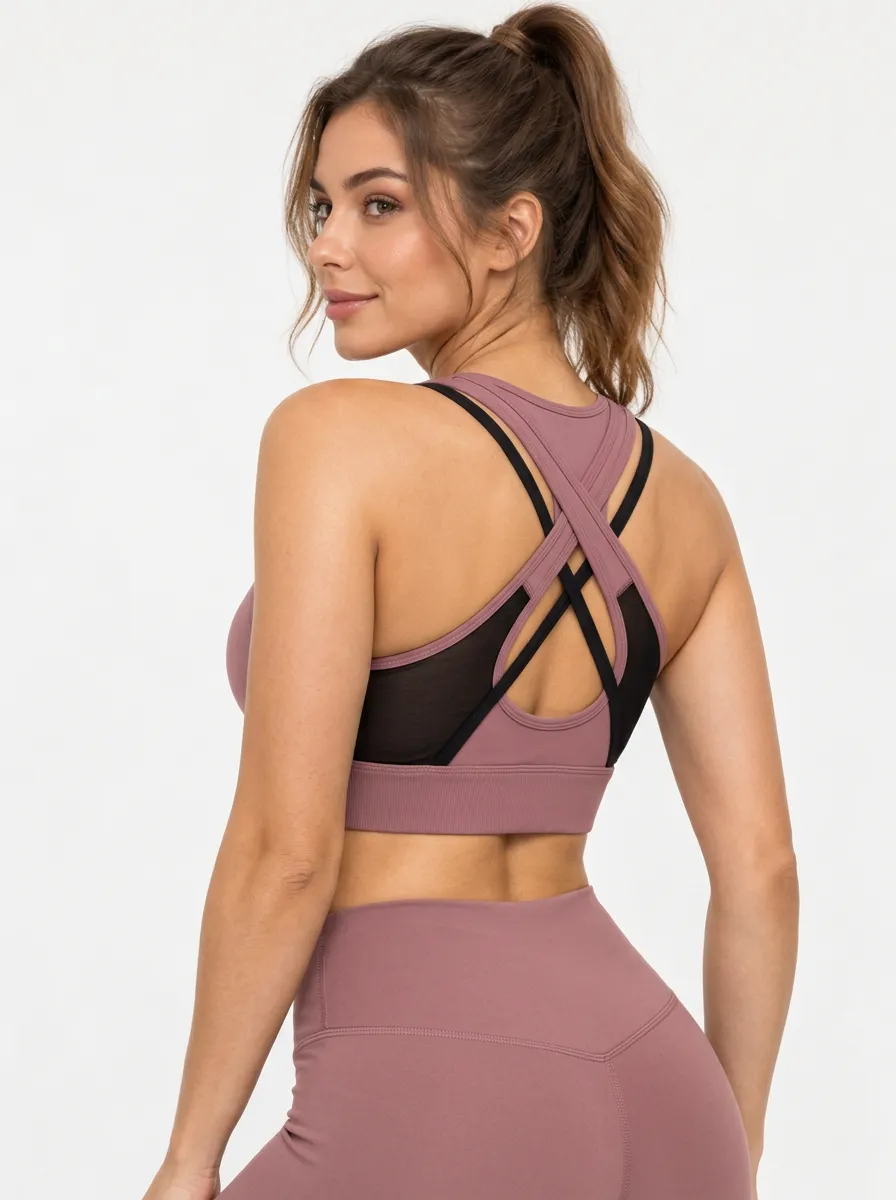 Women's Mesh Panel Cross Back Workout Bra
