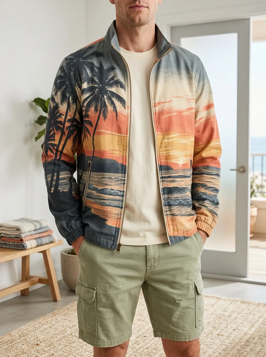 Men's Tropical Beach Sunset Palm Tree Rugged Horizon Jacket
