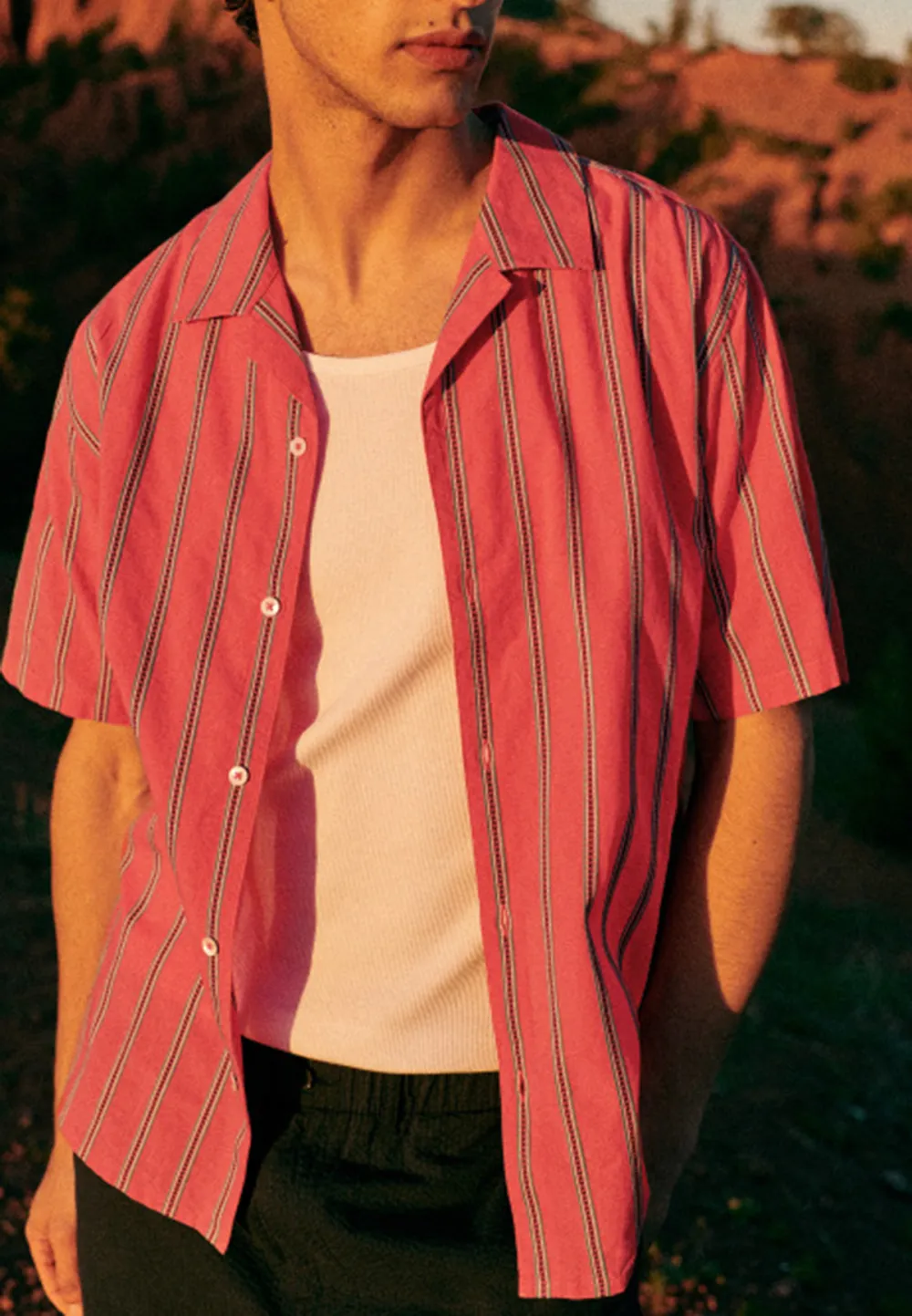 Coral Red Stripe Print Short Sleeve Camp Shirt