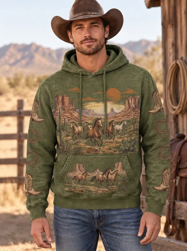 Men's Classic Western Cowboy Horse Cactus Graphic Hoodie