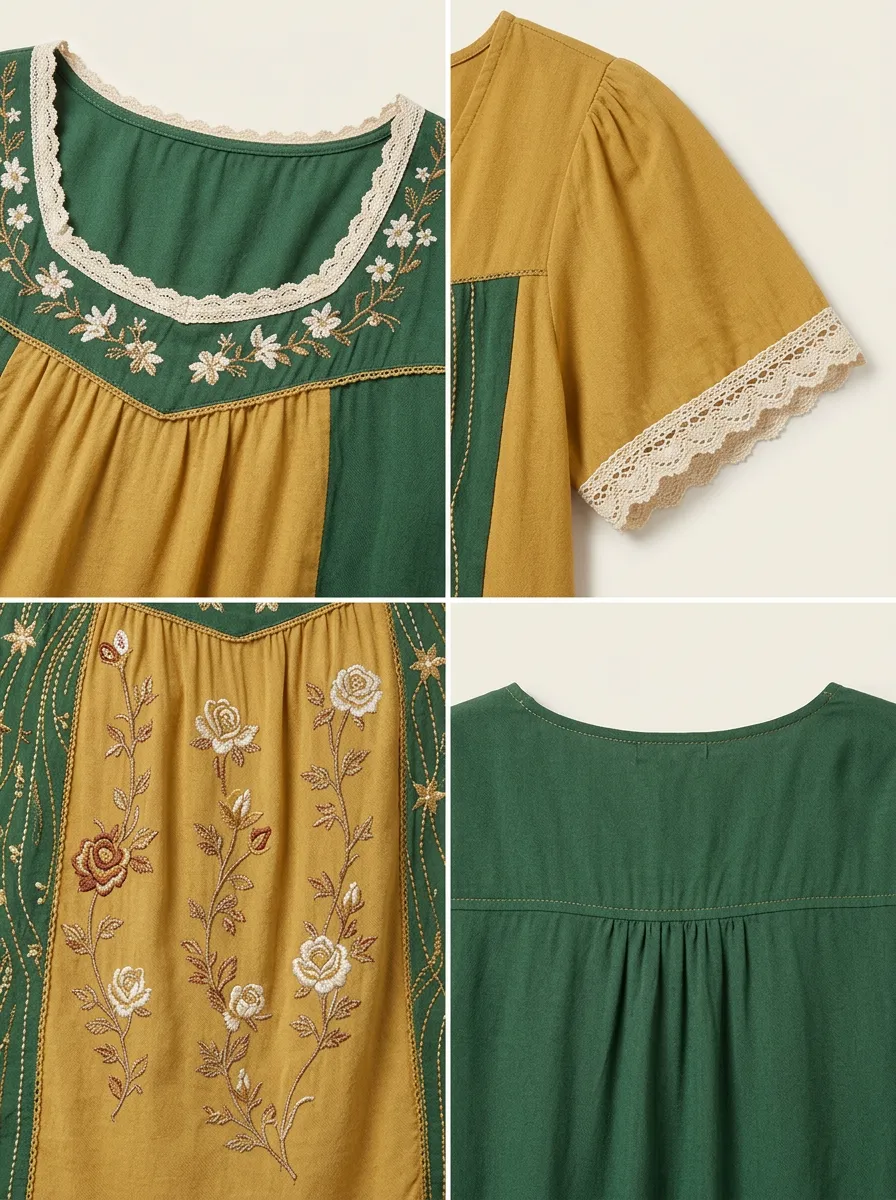 Women's Floral Bohemian Star Embroidered Printed Short Sleeve T-shirt