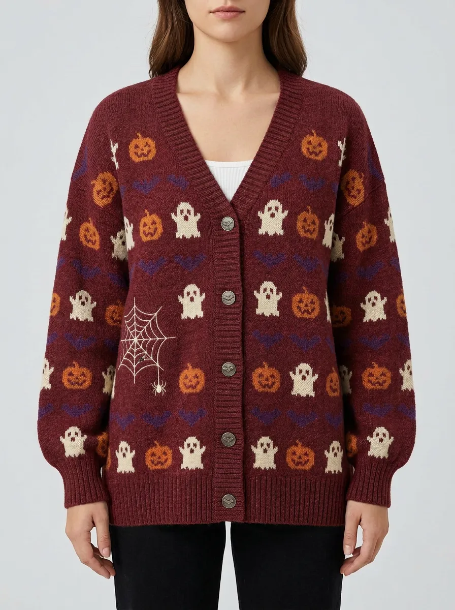 Women's Halloween Ghost Pumpkin Bat Spiderweb Patterned Cardigan