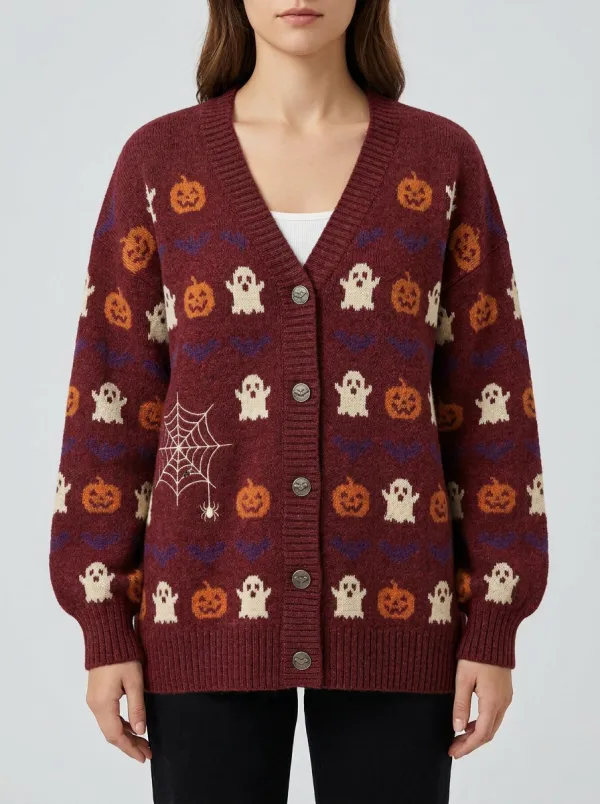 Women's Halloween Ghost Pumpkin Bat Spiderweb Patterned Cardigan