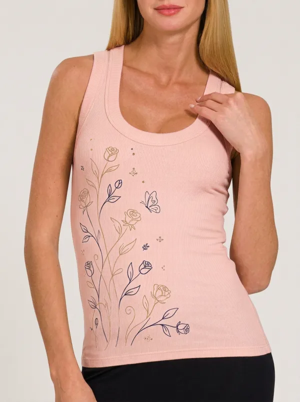 Women's Floral Butterfly Nature Lover Rose Printed Ribbed Tank Top