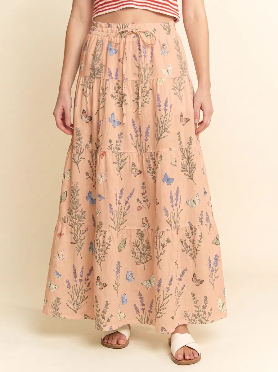 Women's Botanical Butterfly Lavender Printed Tiered Maxi Skirt