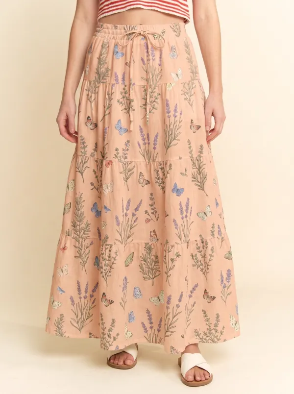 Women's Botanical Butterfly Lavender Printed Tiered Maxi Skirt