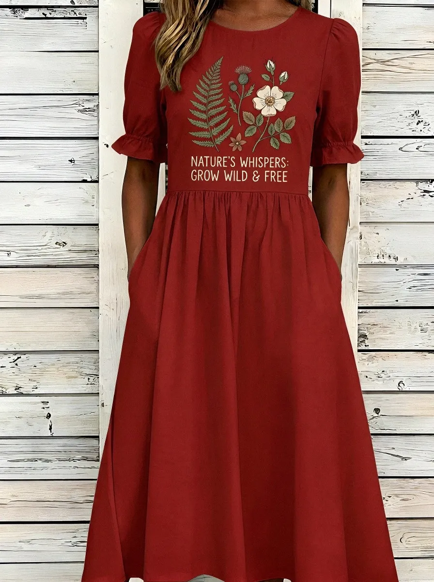 Women's Nature Lover Fern Flower Printed Midi Dress
