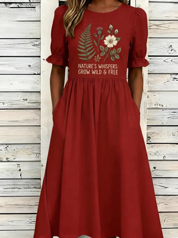 Women's Nature Lover Fern Flower Printed Midi Dress