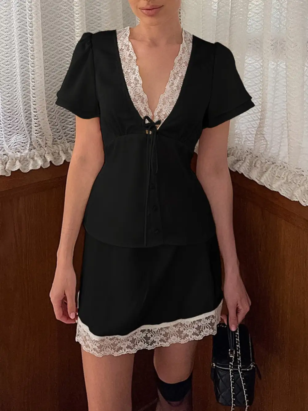 Textured Lace Trimmed Top And Skirt Two-Piece Set
