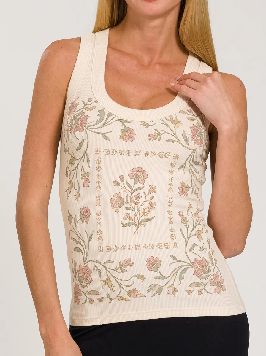 Women's Vintage Floral Botanical Frame Printed Ribbed Tank Top