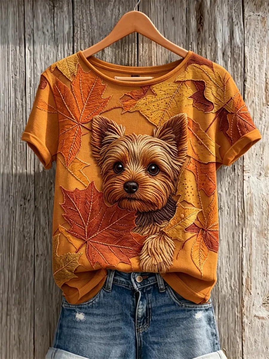 Women'S Cute Dog Art Printed Round Neck T-Shirt
