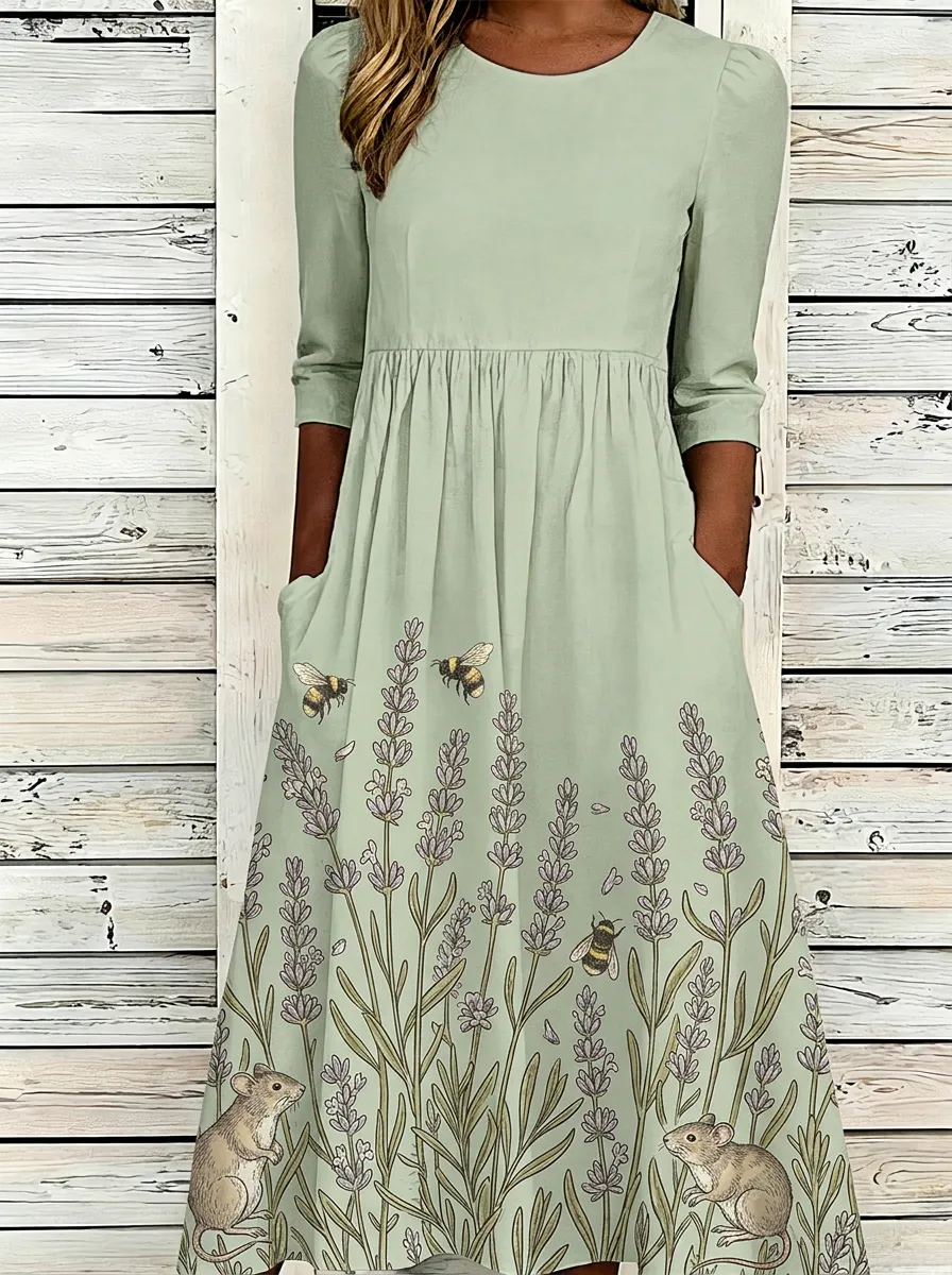 Women's Nature Lover Lavender Bee Mouse Printed Dress