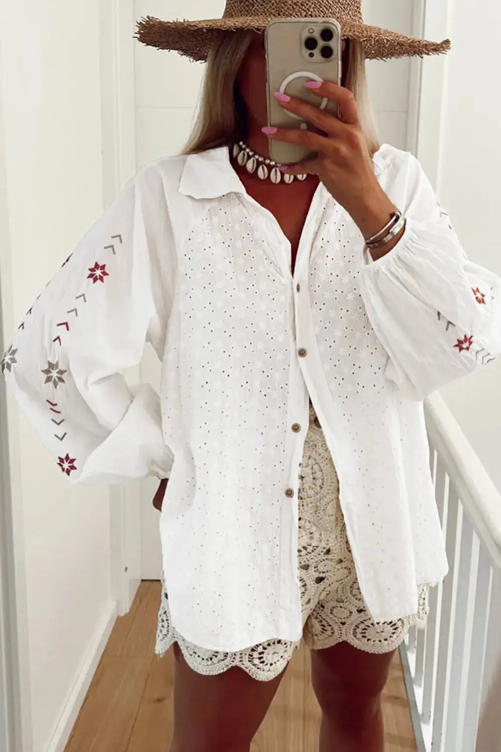 Floral Embroidered Eyelet Shirt Blouse