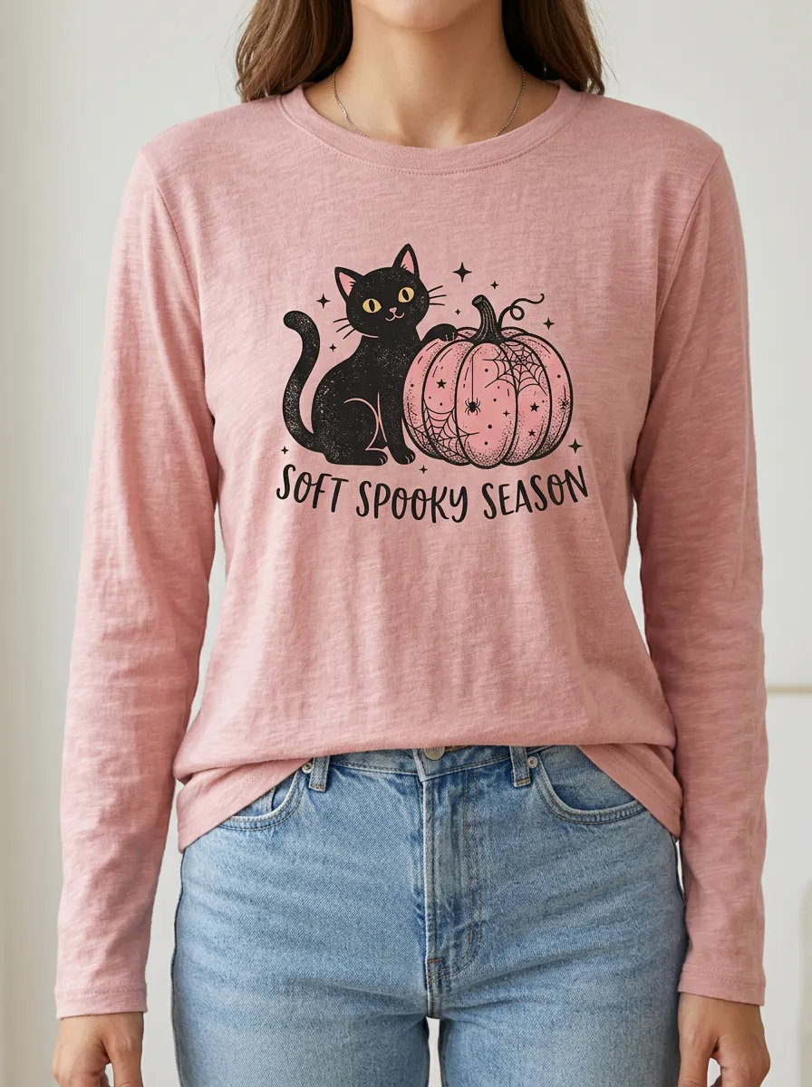 Moonlit Pumpkin Cat Halloween Cotton Linen Long Sleeve Top