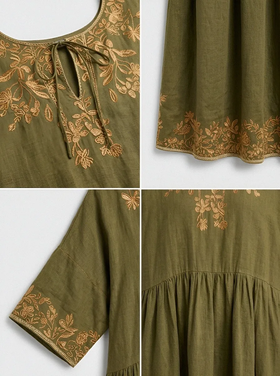 Women's Summer Vacation Olive Floral Embroidered Printed Dress