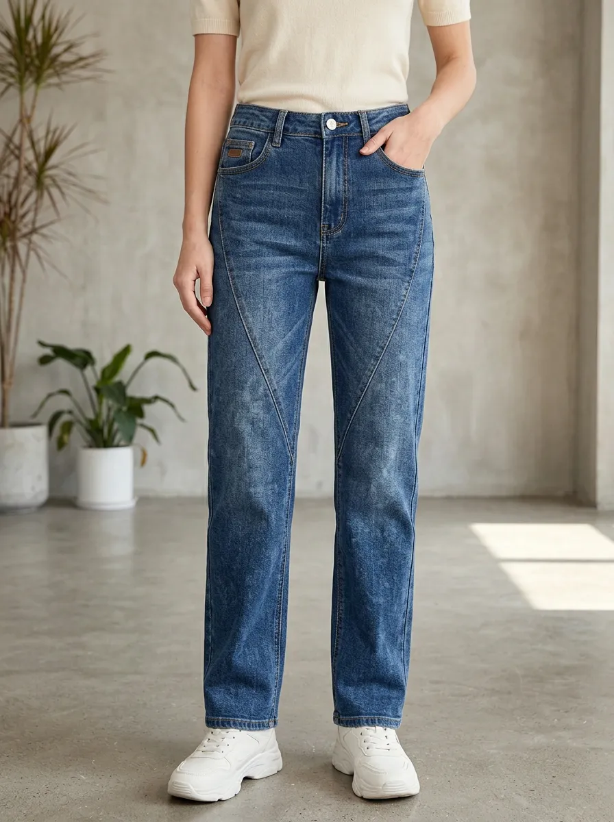 Women's High-Waisted Panel Detail Washed Blue Denim Jeans