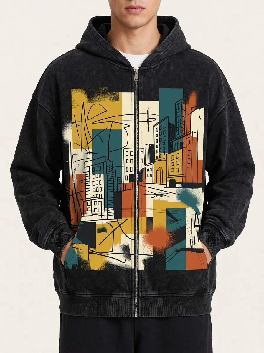 Men's Urban Cityscape Abstract Art Printed Zip Up Hoodie