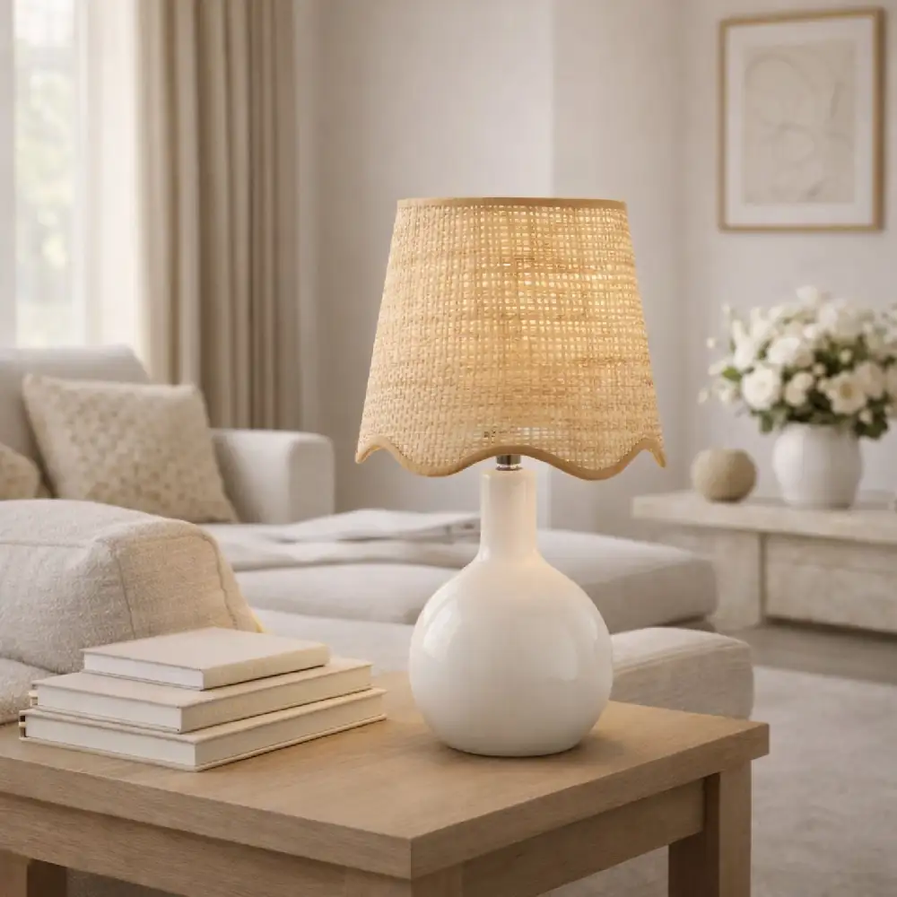 Wavy-Edge Rattan Ceramic Table Lamp