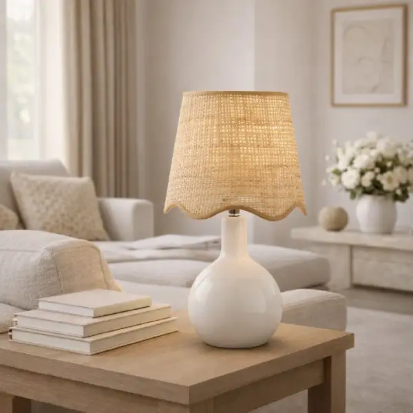 Wavy-Edge Rattan Ceramic Table Lamp