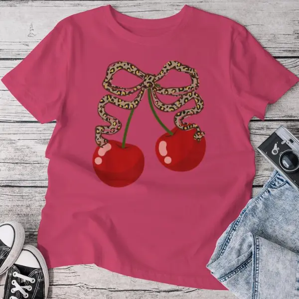 Cherries With Leopard Coquette Bow Girl Aesthetic Women T-shirt