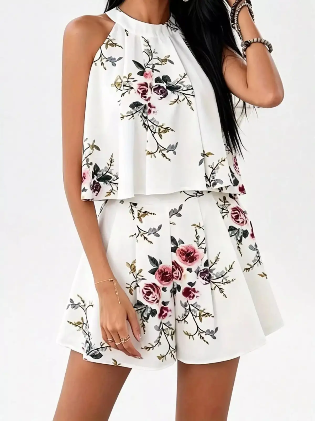 Halter-Neck Pleated Floral-Print Shorts Matching Set