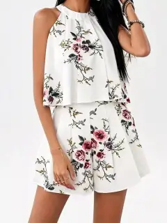 Halter-Neck Pleated Floral-Print Shorts Matching Set