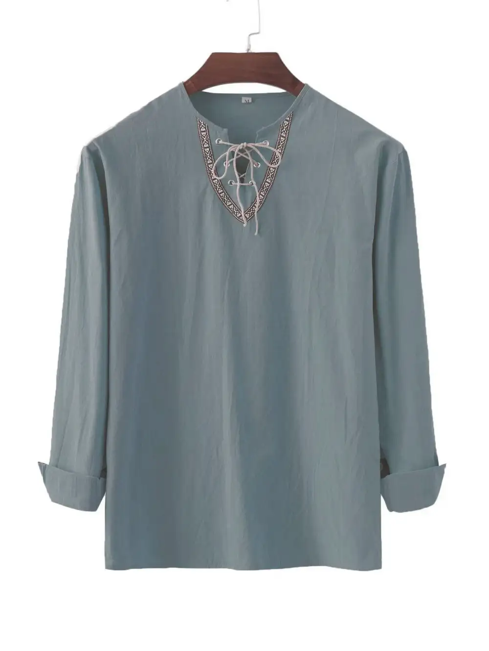 Men's Linen Tunic Shirt With Lacing And Ethnic Border