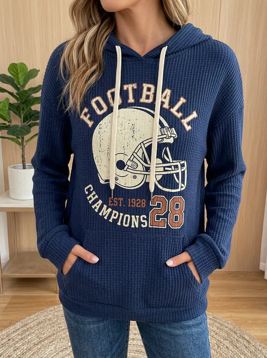 Women's Football Helmet Champions 28 Printed Waffle Hoodie