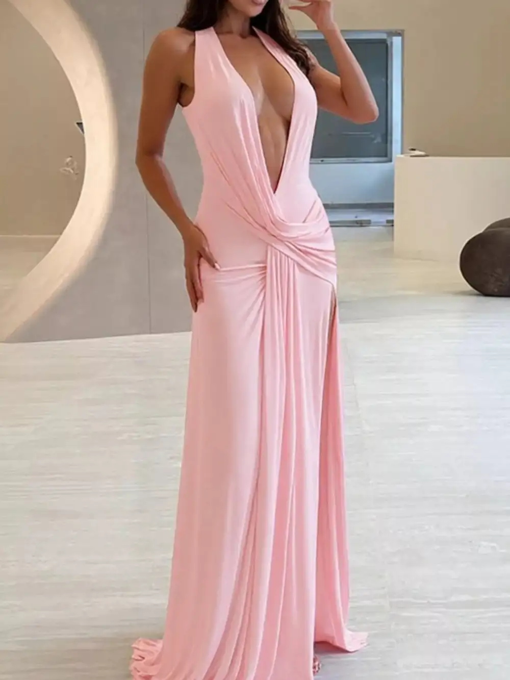 Classic Ruched Halter Maxi Dress