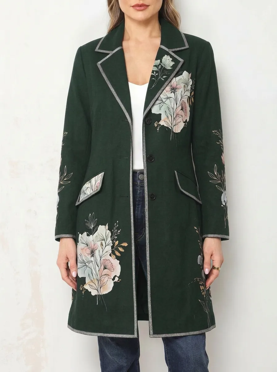 Women's Floral Art Botanical Printed Long Blazer Coat