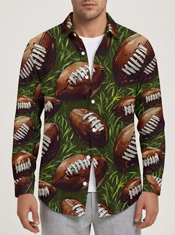 Men's American Football Lover Grass Field Printed Button-up Shirt