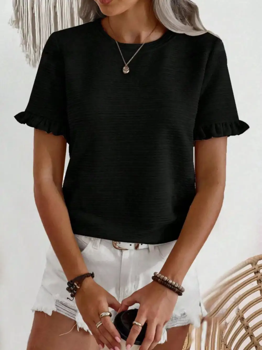 Textured Ruffle Sleeve Round Neck Blouse