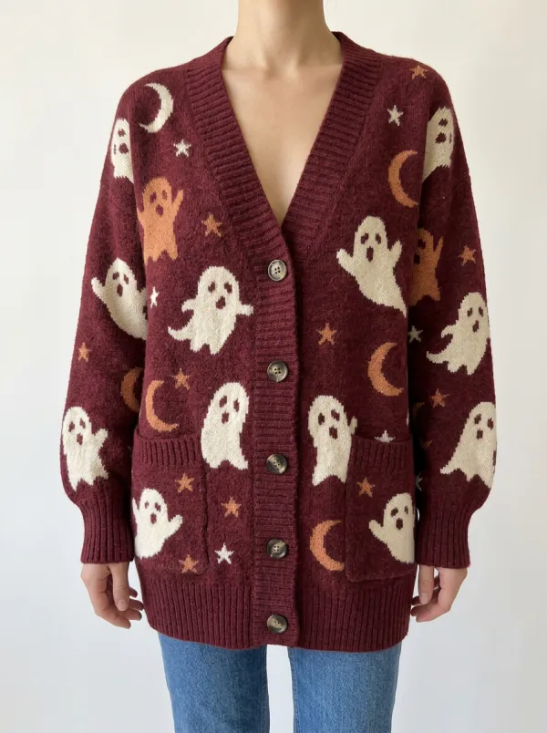 Women's Halloween Ghost Moon Star Pattern Knitted Cardigan