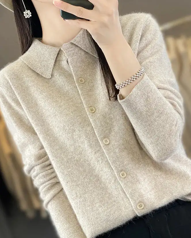 Mink-Cashmere Cashmere Button-Front Polo-Collar Cardigan