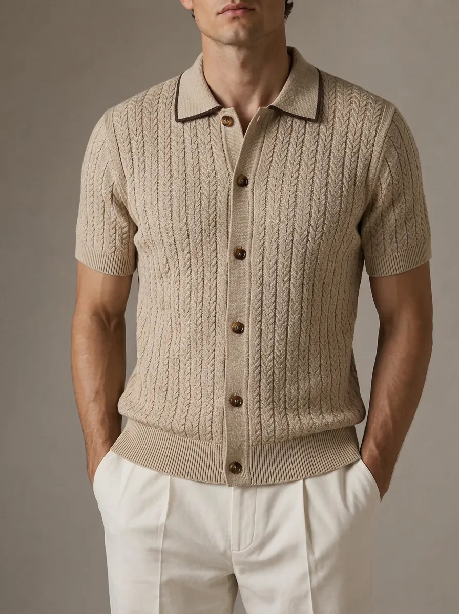 Men's Vintage Casual Beige Cable Knit Button Up Polo Shirt