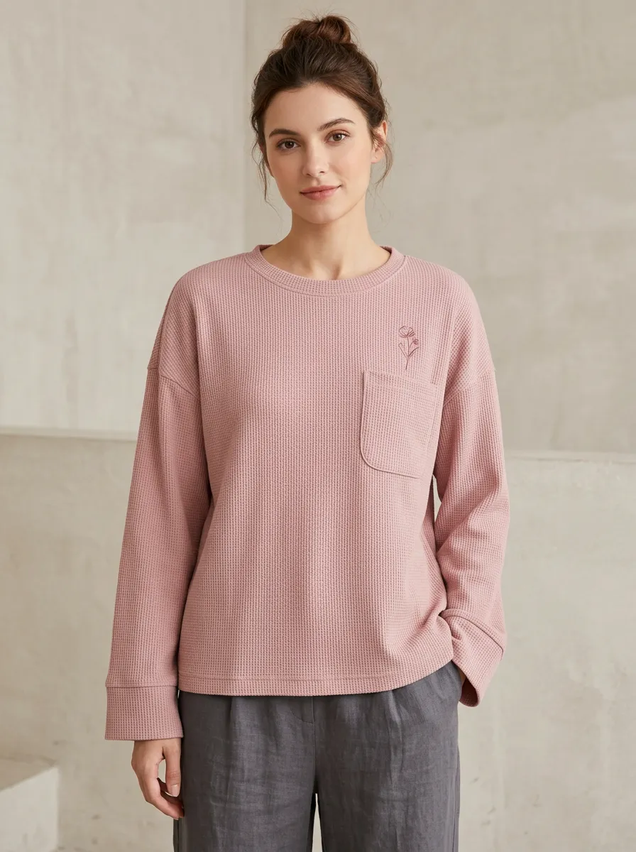 Women's Minimalist Floral Pocket Waffle Knit Printed Top