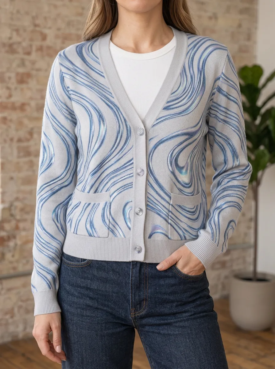 Women's Abstract Swirl Pattern Printed Hip Length Seasonal Layering Cardigan