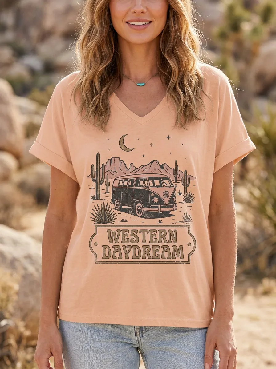 Women's Western Daydream Desert Van Cactus Printed V-Neck T-Shirt