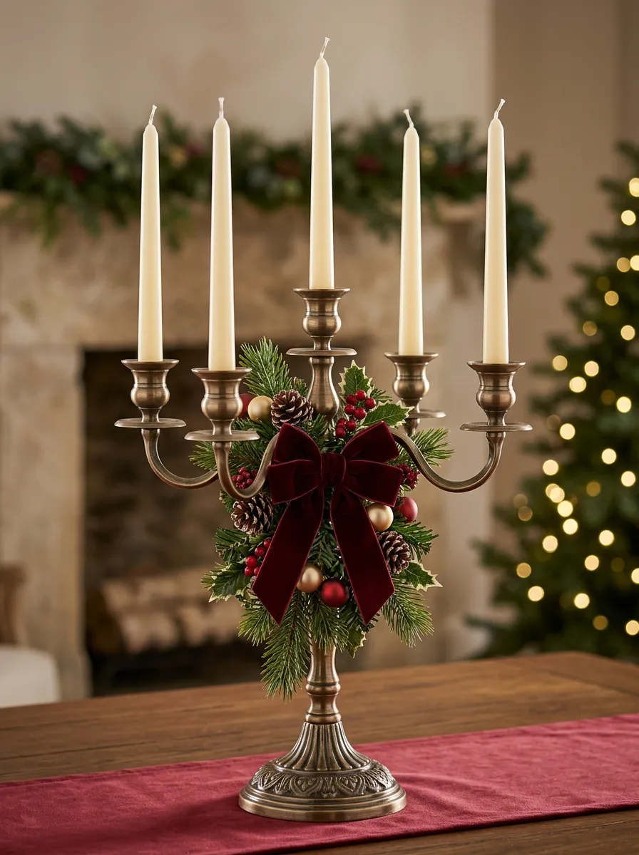 Metal Velvet Bow Pinecone Candelabra