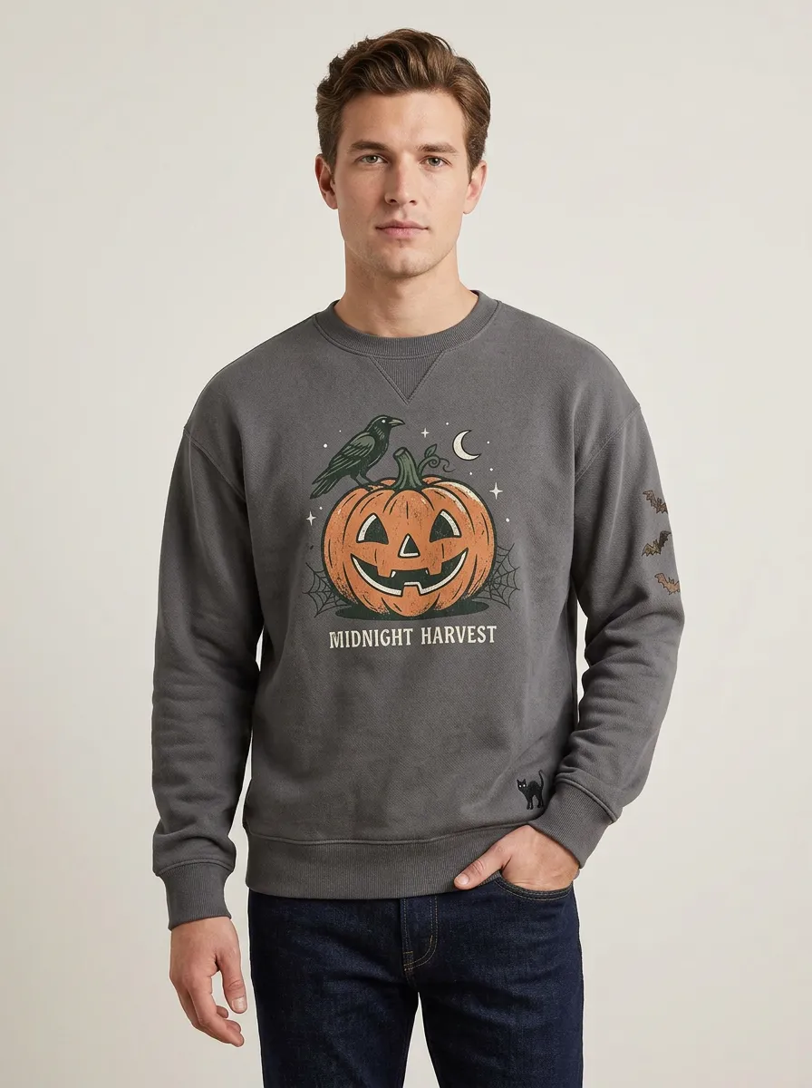 Men's Halloween Midnight Harvest Pumpkin Raven Sweatshirt