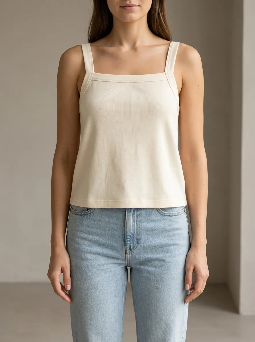 Women's Relaxed Square Neck Wide Strap Ribbed Printed Camisole Top
