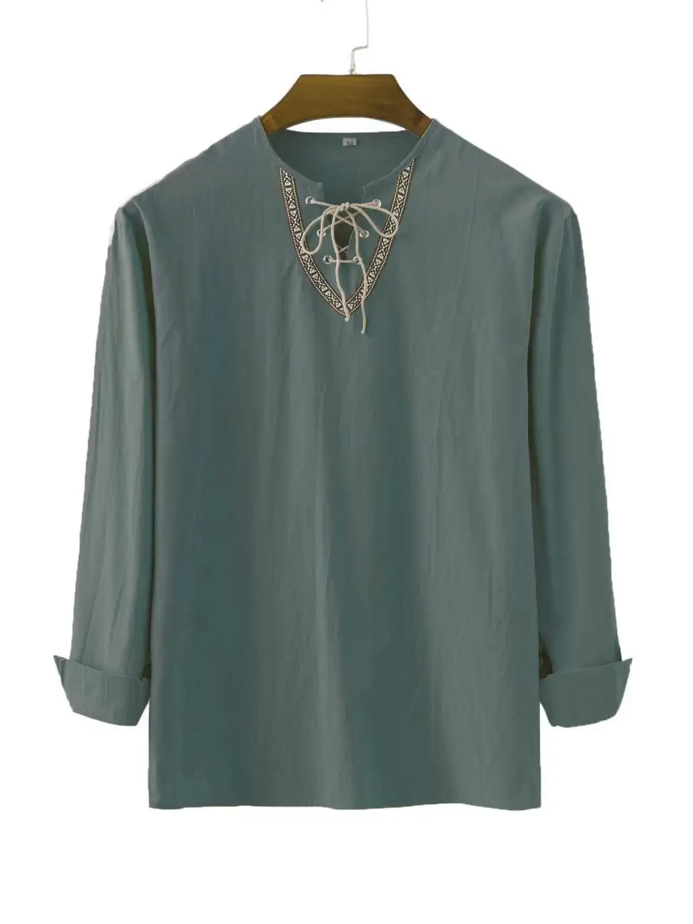 Men's Linen Tunic Shirt With Lacing And Ethnic Border