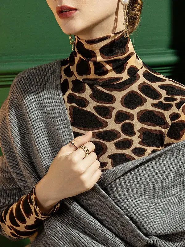 Long Sleeve Slim Fit Leopard High Neck Everyday T-Shirt