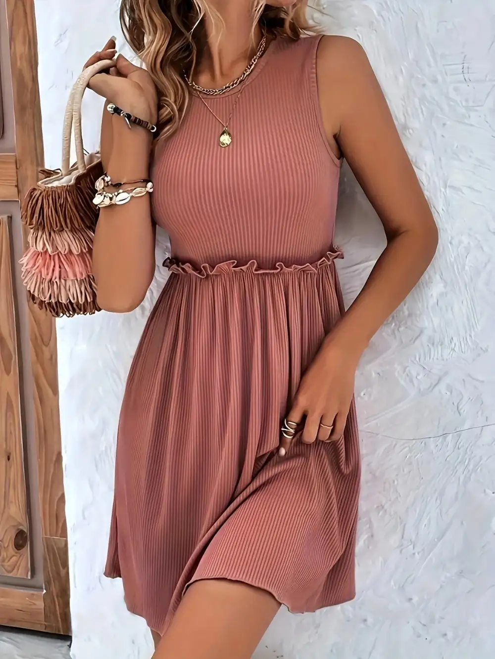 Ribbed Ruffle Sleeveless Mini Dress