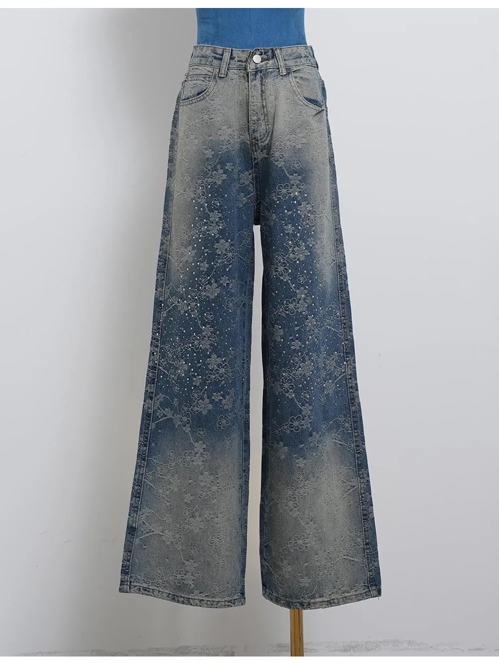 Rhinestone Jacquard Jeans Button Waist Wide Leg Denim Pants