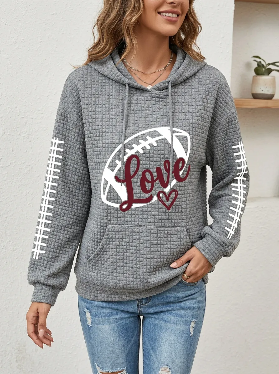 Women's Football Grey Waffle-Knit Graphic Hoodie